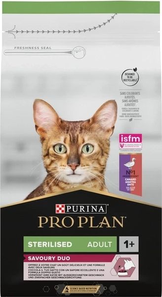 Сухой корм для стерилизованных кошек и кастрированных котов Purina Pro Plan Sterilised 1+ с уткой 1.5 кг 7613036732369 фото