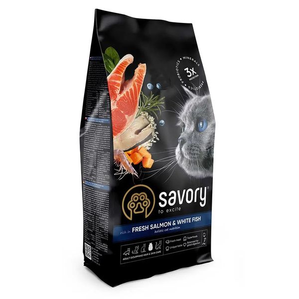 Сухий корм для довгошерстих котів Savory Adult Cat Gourmand Fresh Salmon & White Fish лосось 2 кг 30020 фото