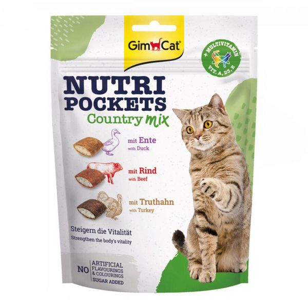 GimCat Nutri Pockets Country Mix & Multi-Vitamin Ласощі для кішок качка з яловичиною та індичка з вітамінами 419183 фото