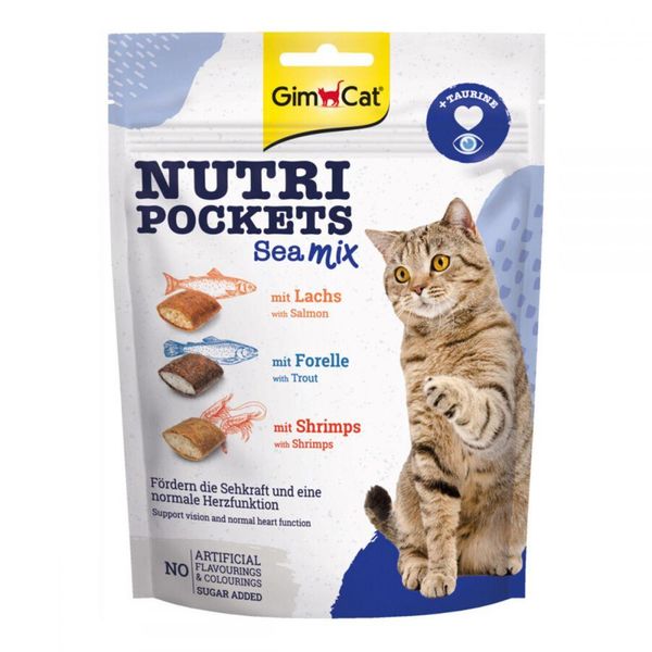 GimCat Nutri Pockets Sea Mix & Taurine Ласощі для кішок лосось з фореллю і креветками з таурином  419176 фото