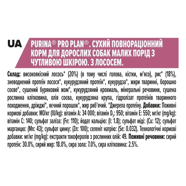 Сухий корм для дорослих собак дрібних порід з чутливою шкірою Purina Pro Plan Small & Mini Sensitive Skin лосось 700 г 7613035120808 фото