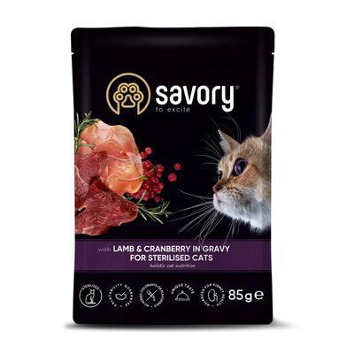 Вологий корм для стерилізованих кішок Savory 85 г ягня та журавлина 20093 фото