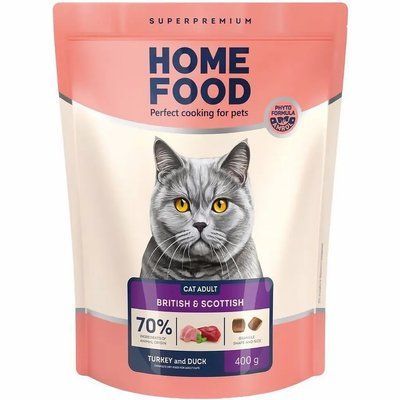 Сухой корм для взрослых кошек британских и шотландских пород Home Food For Suitable for large breeds с индейкой и уткой 1.6 кг 3199016 фото