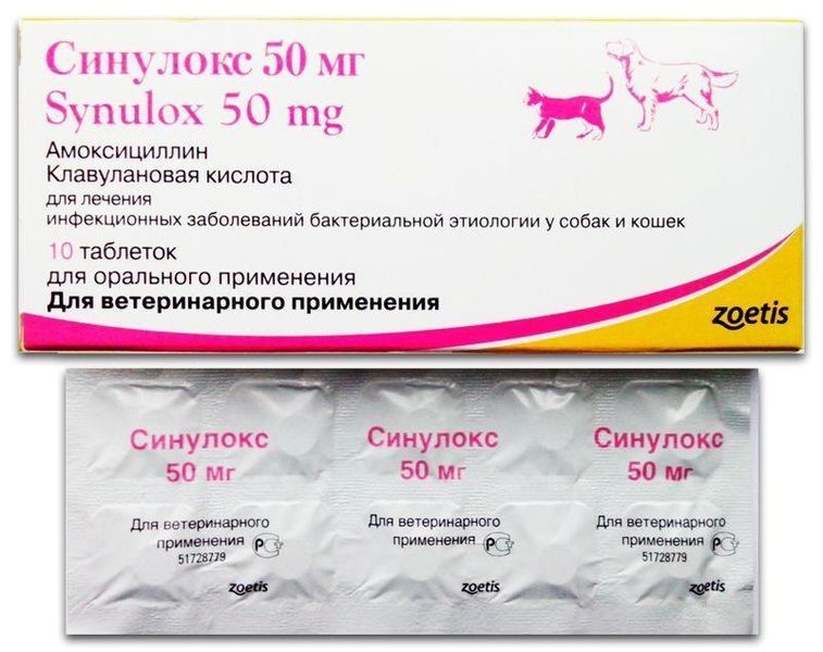 Антибиотик Zoetis Синулокс для лечения инфекционных заболеваний у кошек и собак 50 мг 10 таблеток zoe00075 фото