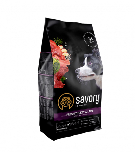 Сухий корм для собак середніх порід Savory Medium Breed rich in Fresh Turkey & Lamb індичка та ягня 1 кг 30259 фото