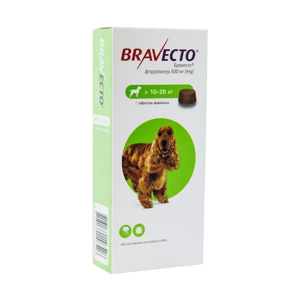 Жувальна таблетка від бліх та кліщів для собак MSD Bravecto (Бравекто) 500 мг на вагу 10-20 кг 3 таблетки MSD14652 фото