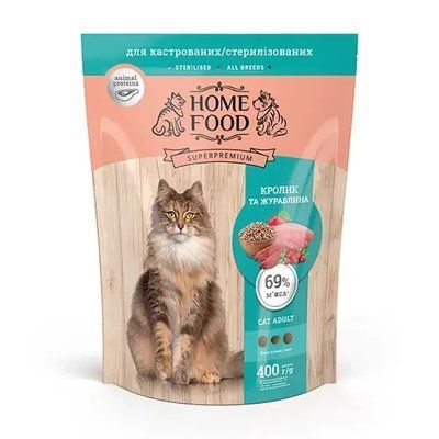 Сухой корм для взрослых кастрированных/стерилизованных котов Home Food с кроликом и клюквой 400 г 43 фото