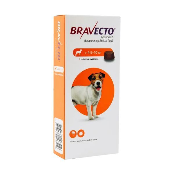 Жувальна таблетка від бліх та кліщів для собак MSD Bravecto (Бравекто) 250 мг на вагу 4.5-10 кг 1 таблетка MSD14651 фото